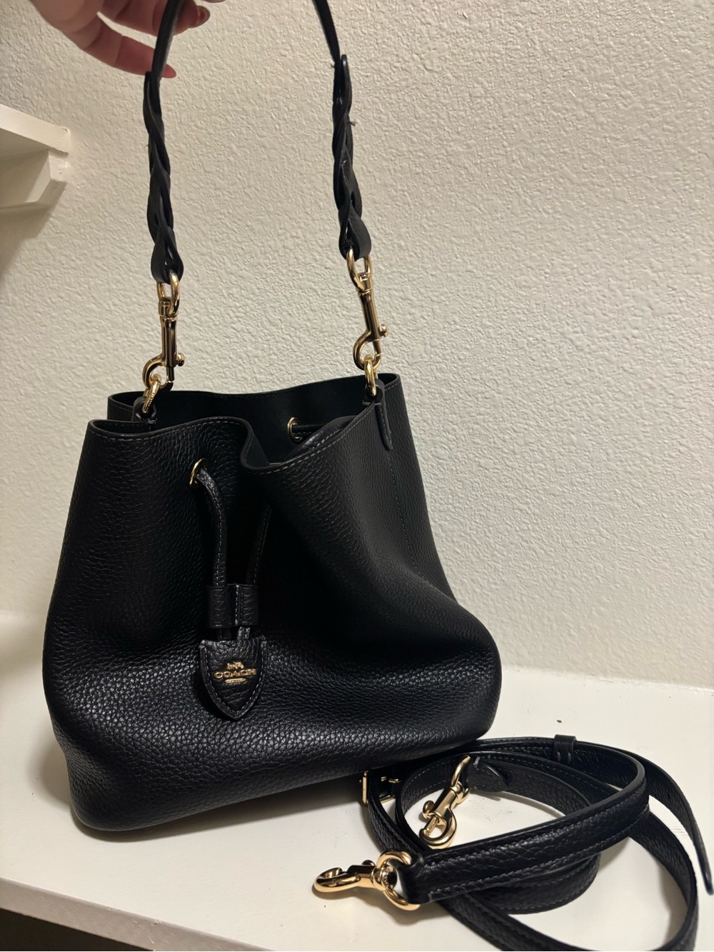 Coach Black Pebbled Leather Drawstring Bucket Bag with Gold Hardware